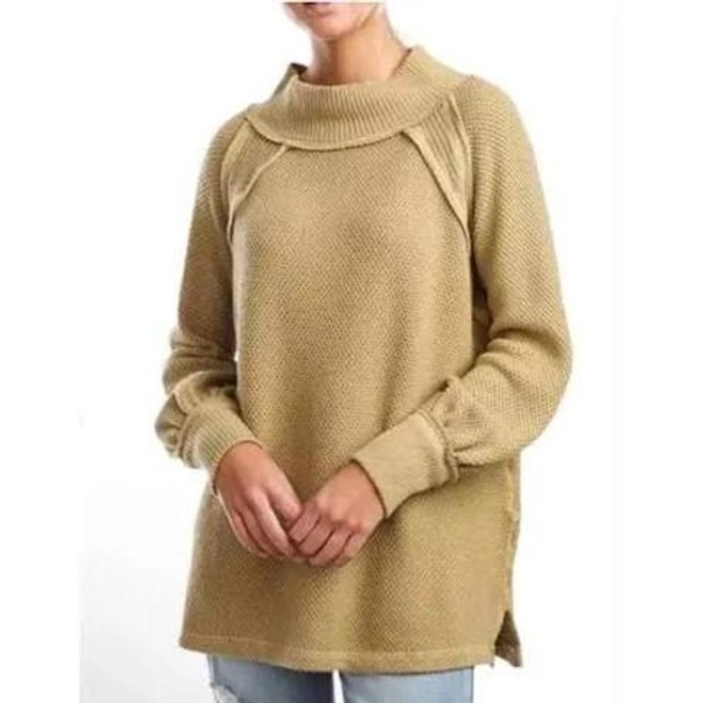 Free People Womens Sweater XS Tan Shes A W.OW. CAS Waffle Knit Mock Neck Tunic - Picture 2 of 10